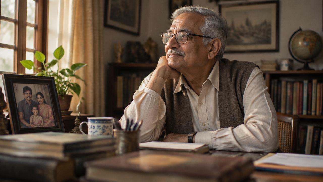 A retired teacher in his study, the subject of a personal MUMENTRY film